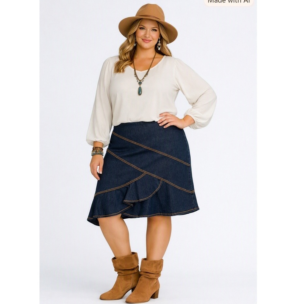 Denim Skirt Women 18 Dark Blue Western Boho Country Chic Asymmetrical Ruffle
